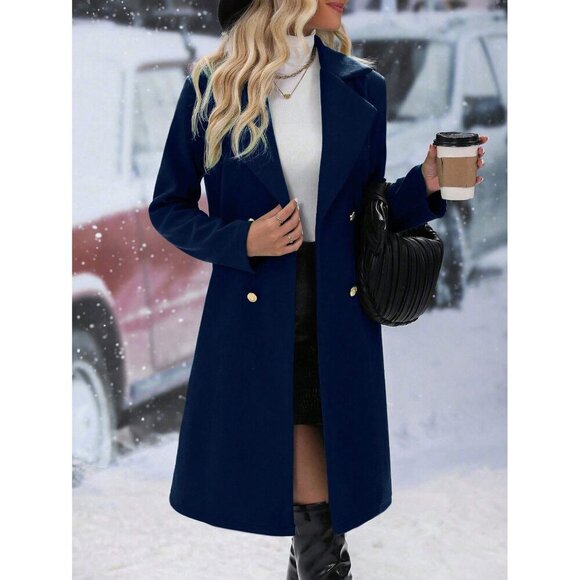 Long line lapel collar peacoat pea coat jacket royal blue gold button - Picture 3 of 3